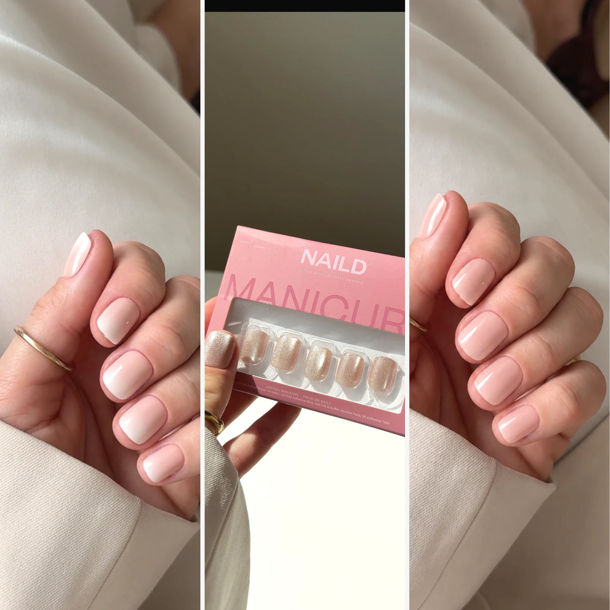 NAILD Keep It Clean Bundle – Milkshake, Pixie Blush und Silk Nude Short XXS Square getragen