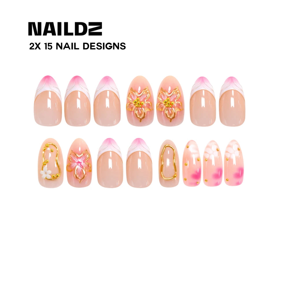 Golden Bloom Almond 3D NAILDZ Softgel Press On Nails (inkl. Klebesticker & Nagelkleber)