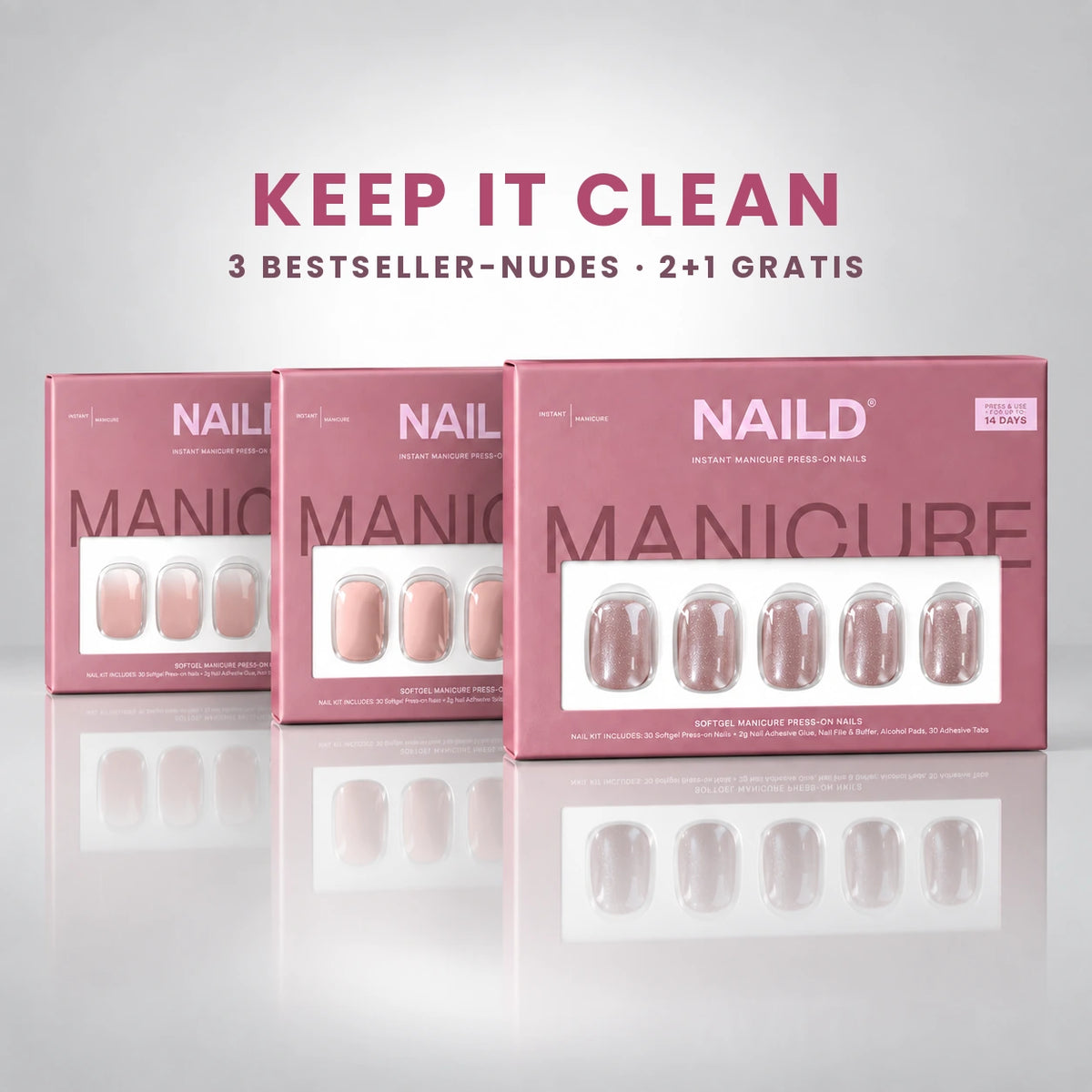 NAILD Keep It Clean Bundle – 3 Bestseller-Nudes Short XXS Square (2+1 gratis)