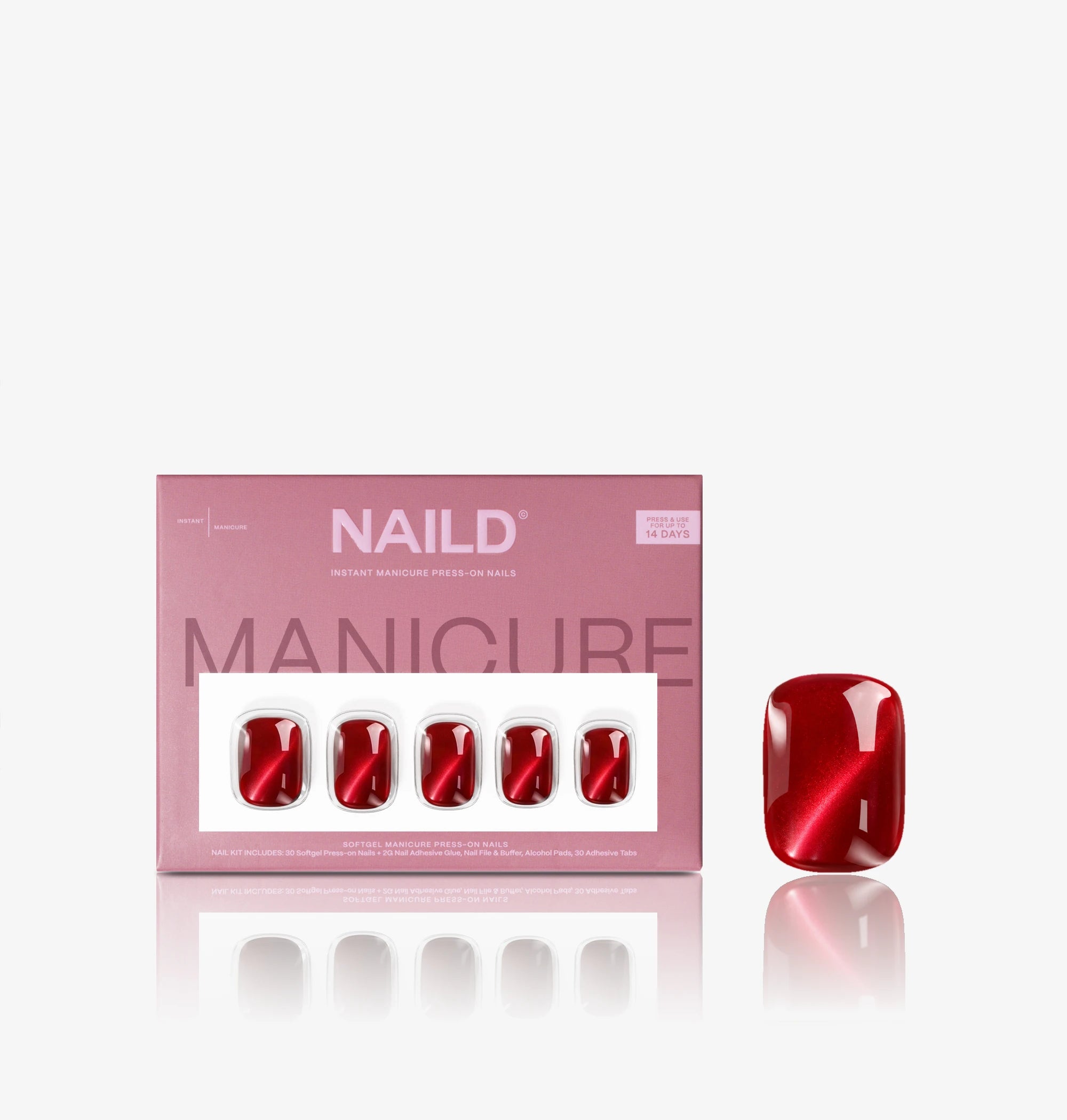 NAILD Scarlet Glass Cateye XXS Square Softgel Press-On Nails Verpackung