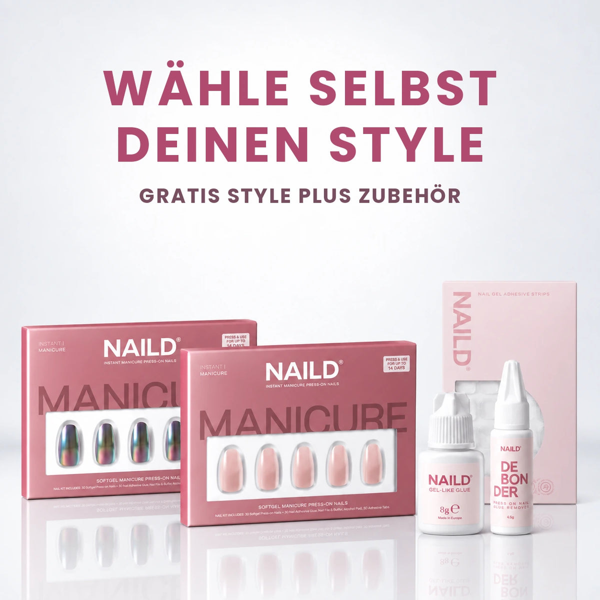 NAILD Starterbundle – Wähle selbst deinen Style: 2 Press-On Designs deiner Wahl, gratis Style plus Kleber, Debonder & Klebesticker